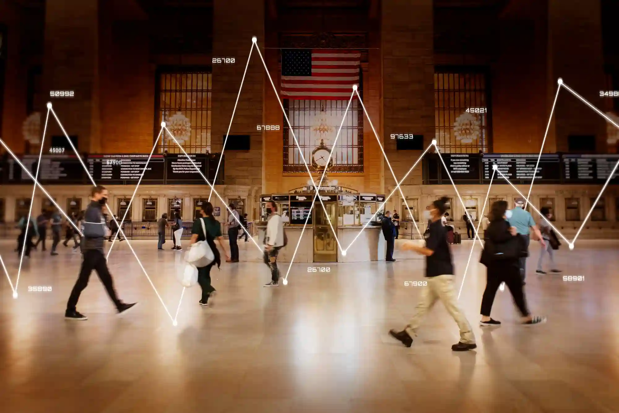 A digital data graph overlaying a busy station, symbolizing complex inventory sync and product mapping across beauty platforms.