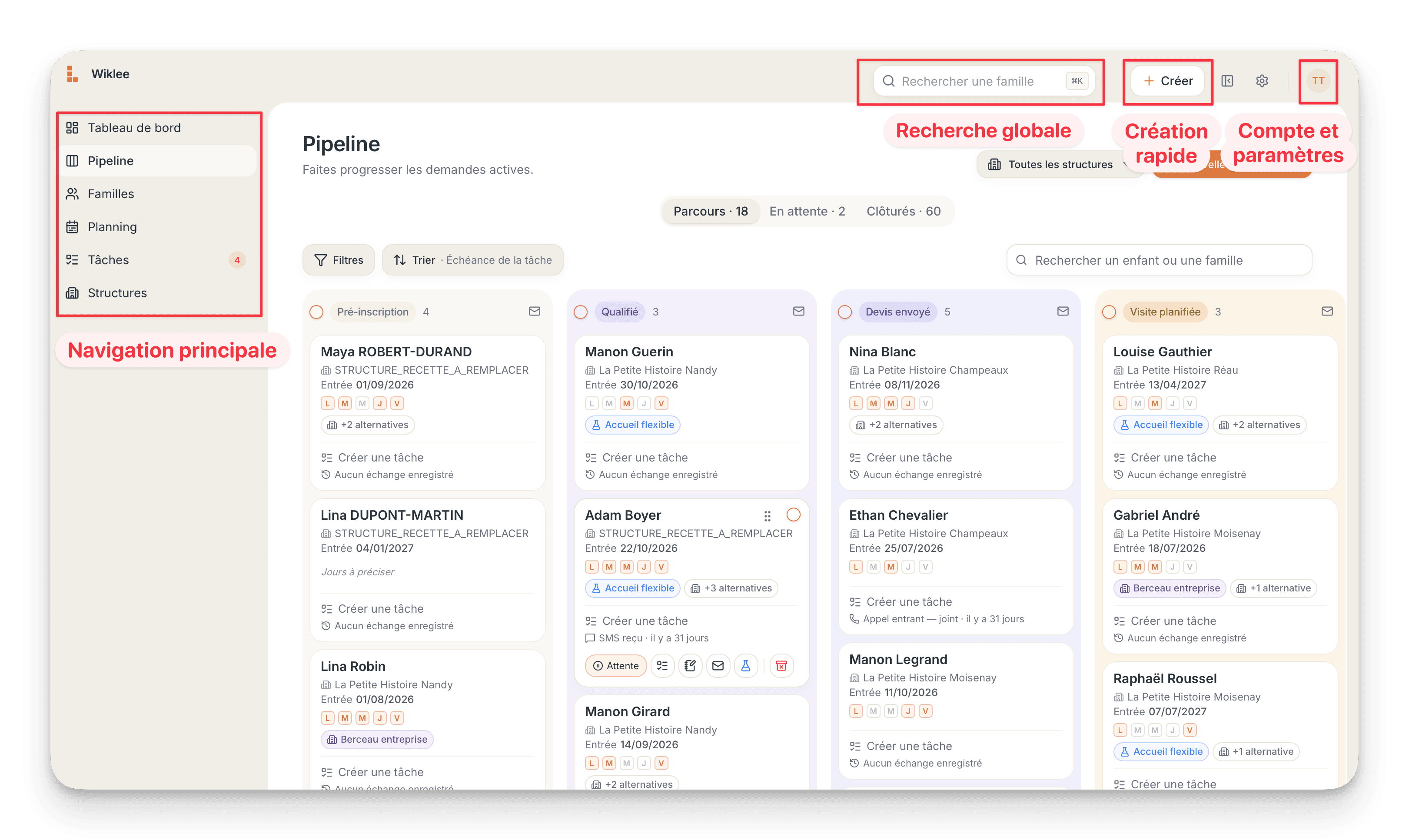 Interface générale de Wiklee avec la navigation latérale, la recherche, le bouton Créer et le menu du compte.