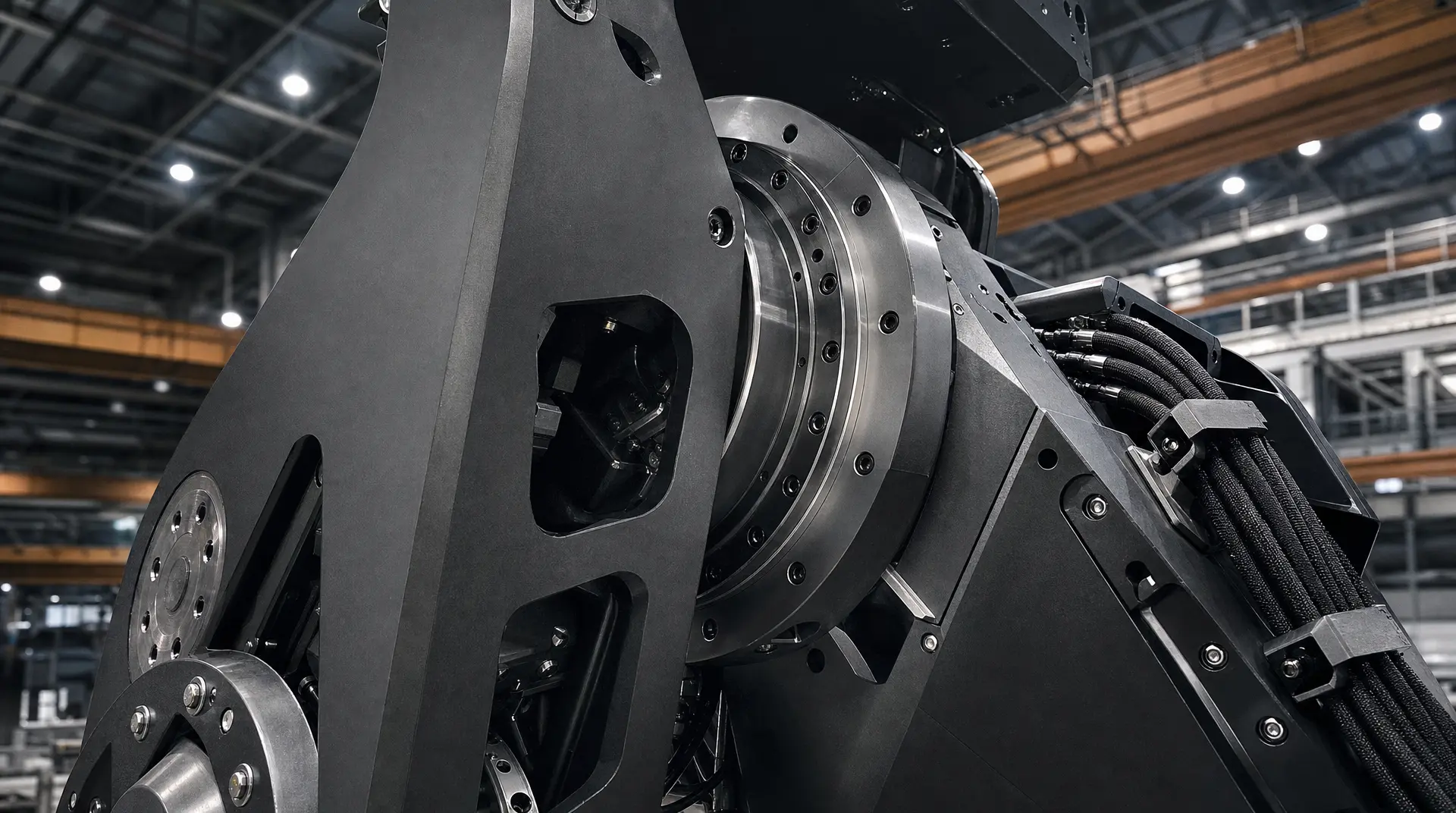 Metal robotic arm with articulated joints and cabling inside a large factory, representing robotics branding.