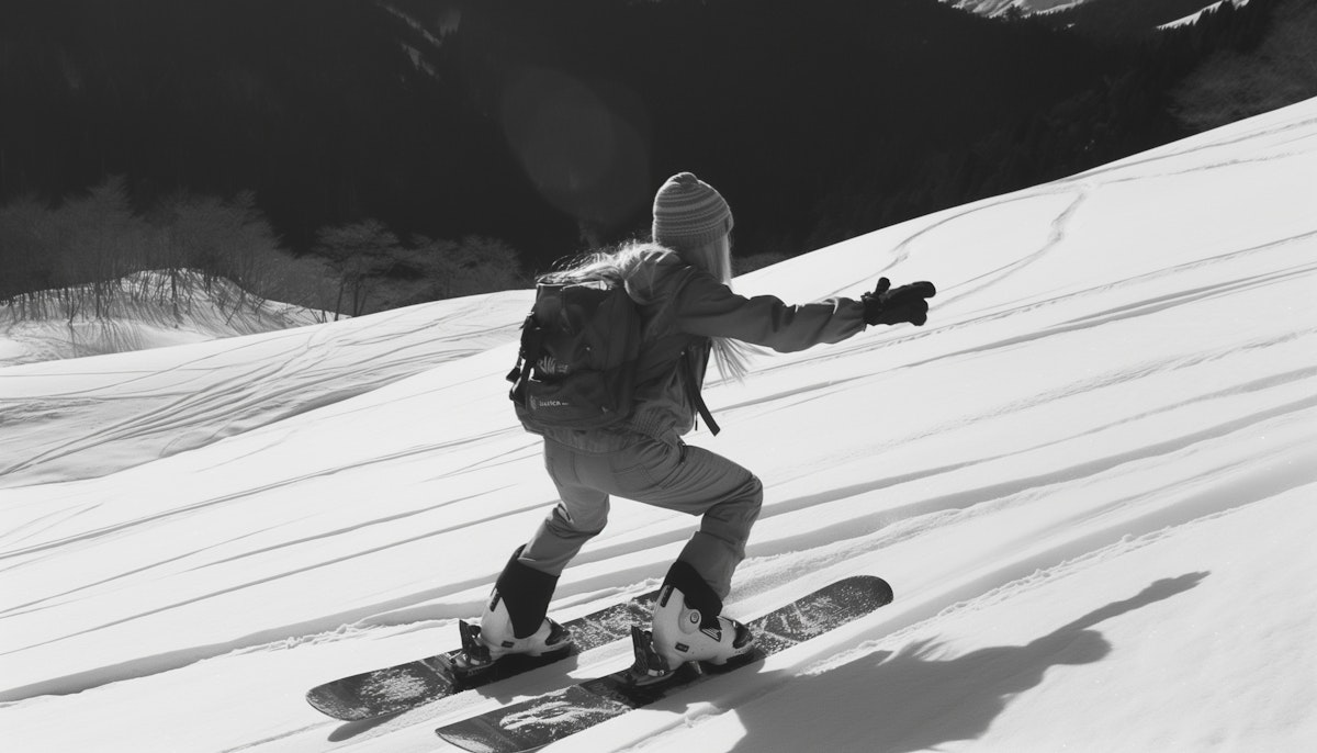 Lena 'Snowdy' Hart riding down a powder-covered slope in freeride style.