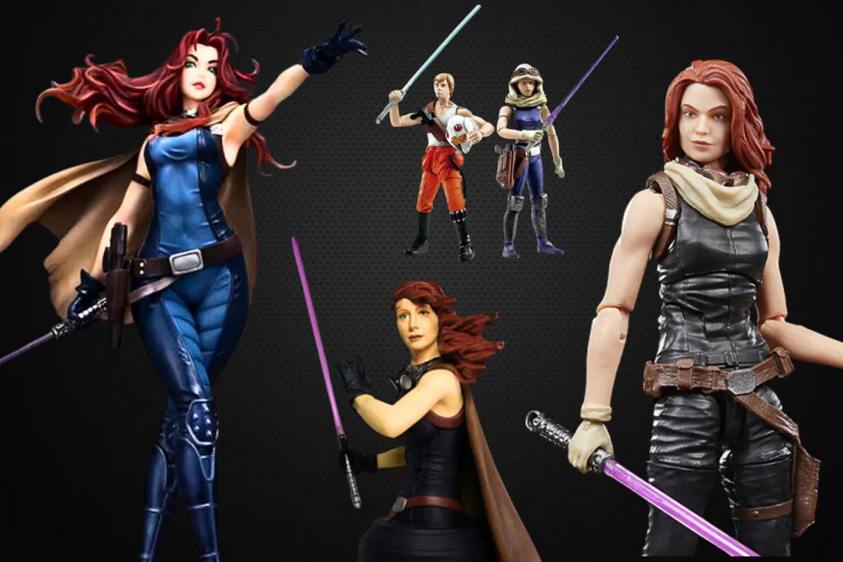 A collage showcasing various Mara Jade collectibles, including action figures and statues. Featured items include The Black Series Mara Jade figure, a Star Wars Comic Pack with Luke Skywalker, a Gentle Giant mini bust, and the ARTFX Bishoujo statue. The image highlights different interpretations of Mara Jade’s appearance, from her Emperor’s Hand days to her time as a Jedi.