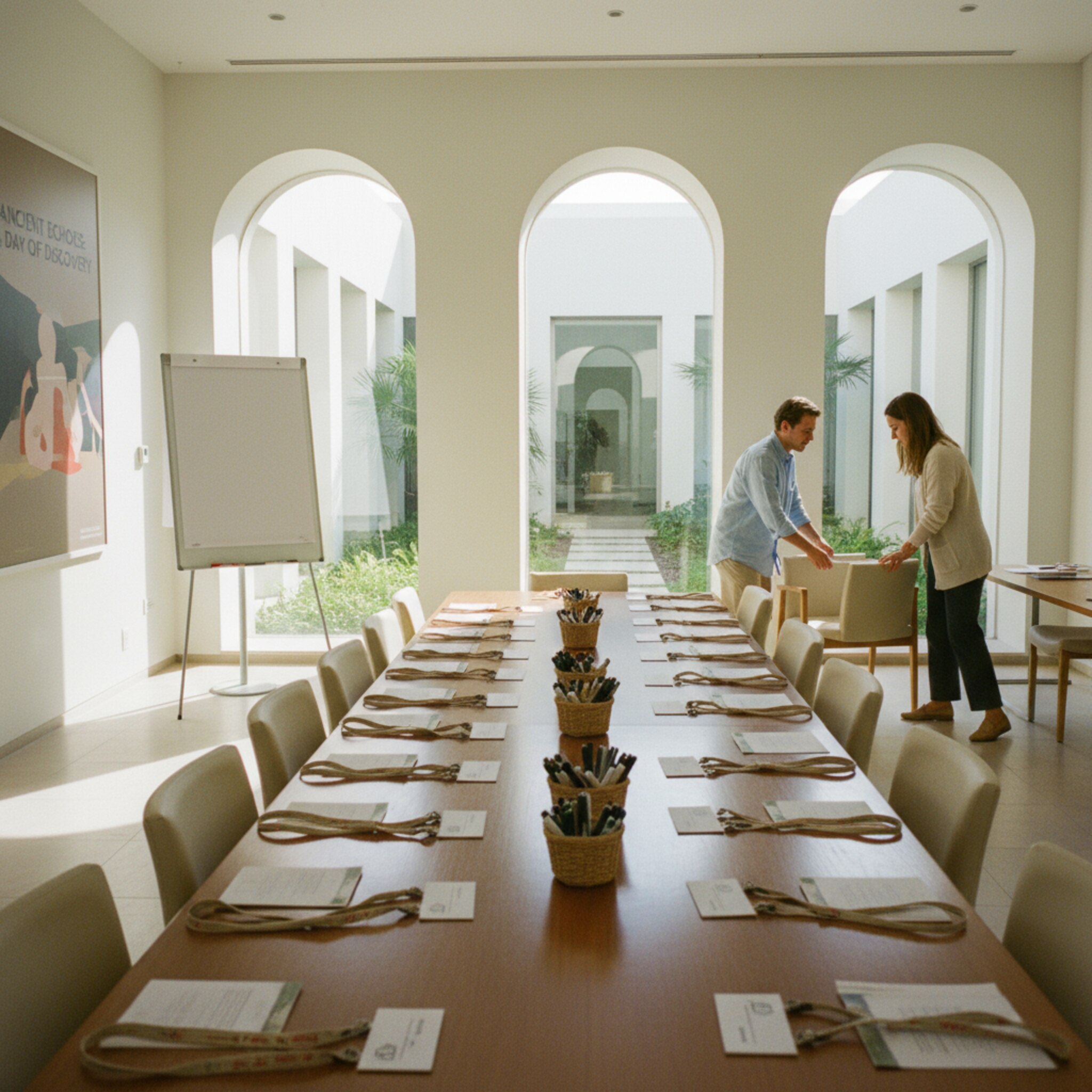 Ein Besprechungsraum mit Namensschildern und vorbereiteten Lanyards auf einem Tisch. Daneben liegen gedruckte Ablaufpläne und kleine Körbe mit Stiften. Durch das Fenster ist ein Innenhof zu sehen, der Raum wirkt geordnet und startklar für das Tagesprogramm.