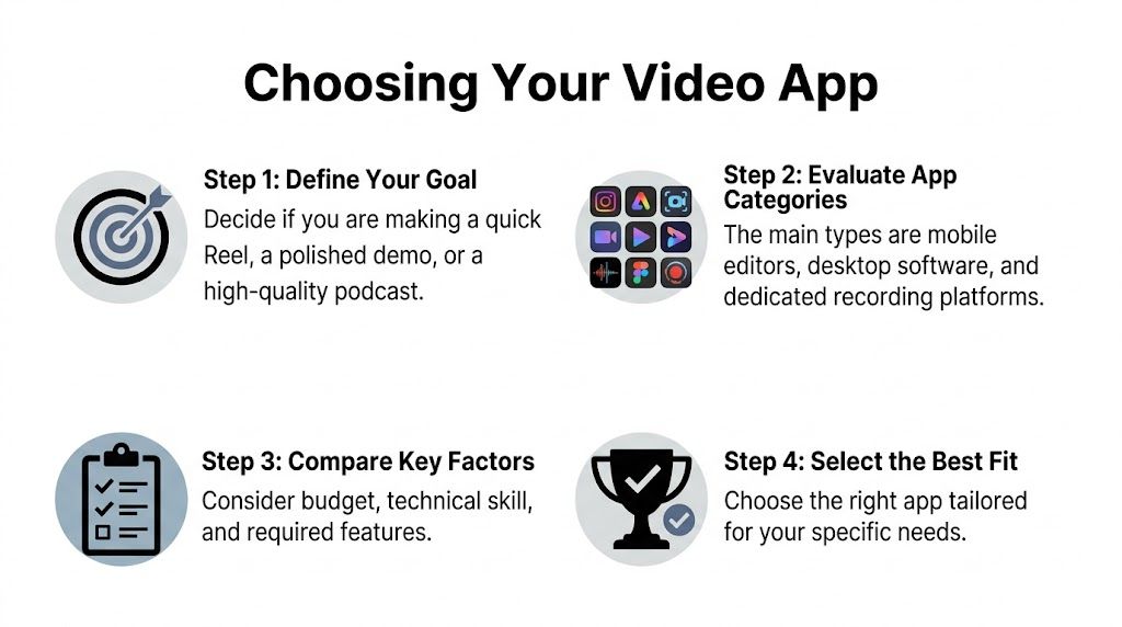 A four-step infographic guide titled Choosing Your Video App outlining how to select video editing software.