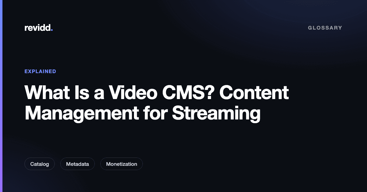 Diagram of a video CMS managing catalog, metadata, scheduling, monetization, and access control for an OTT platform