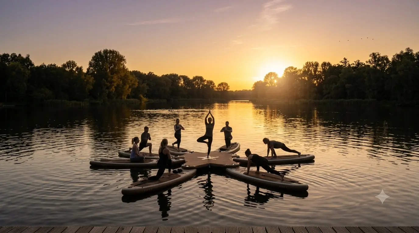 Woman doing yoga on a paddleboard at sunset