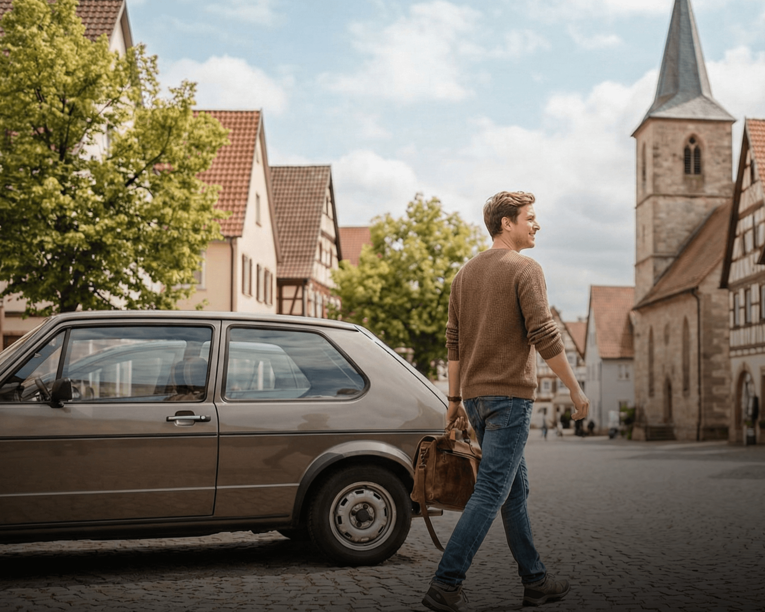 two people looking at a tablet and smiling