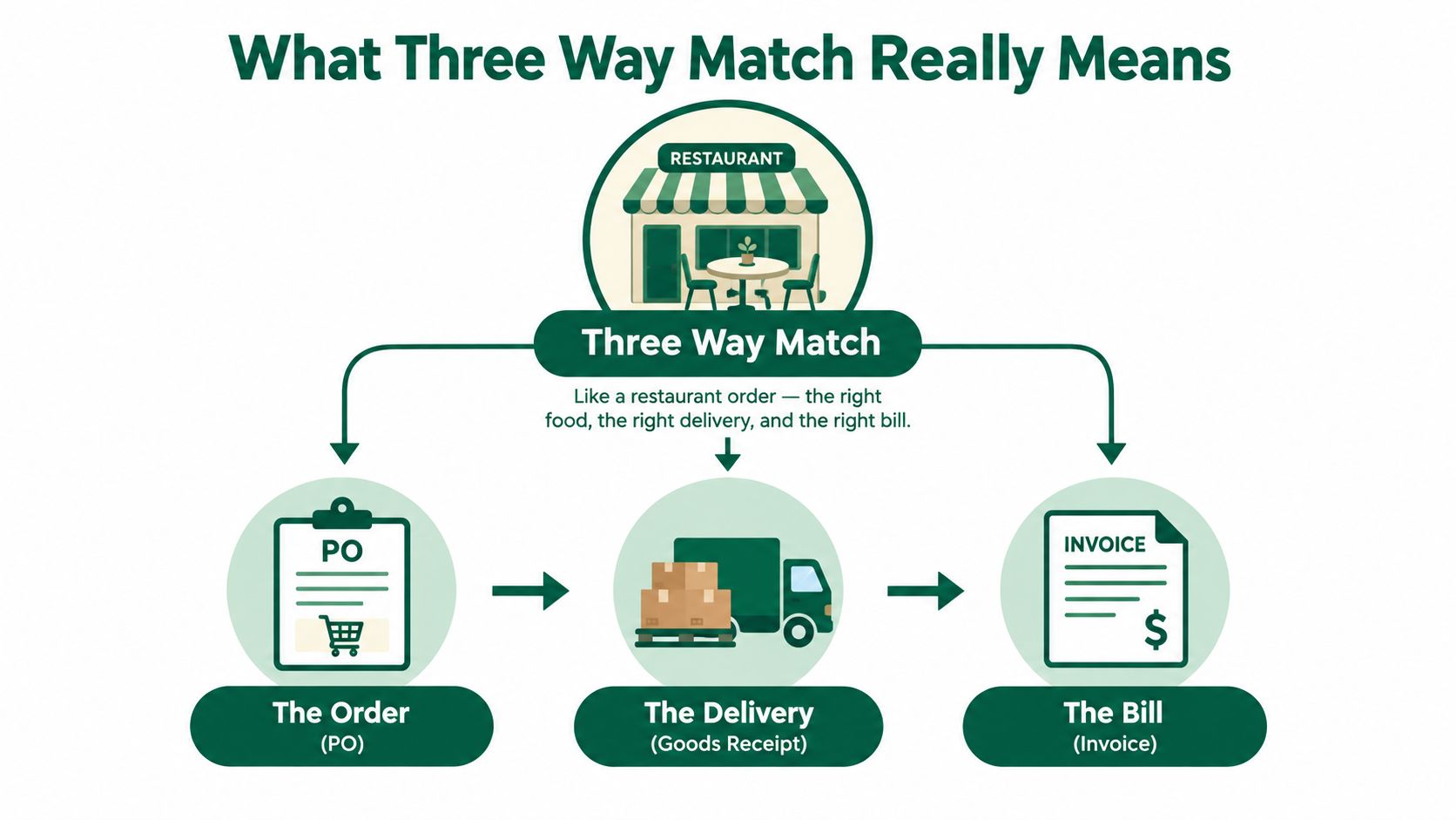 A diagram illustrating the three way match process comparing a restaurant order to purchase order, delivery, and invoice.