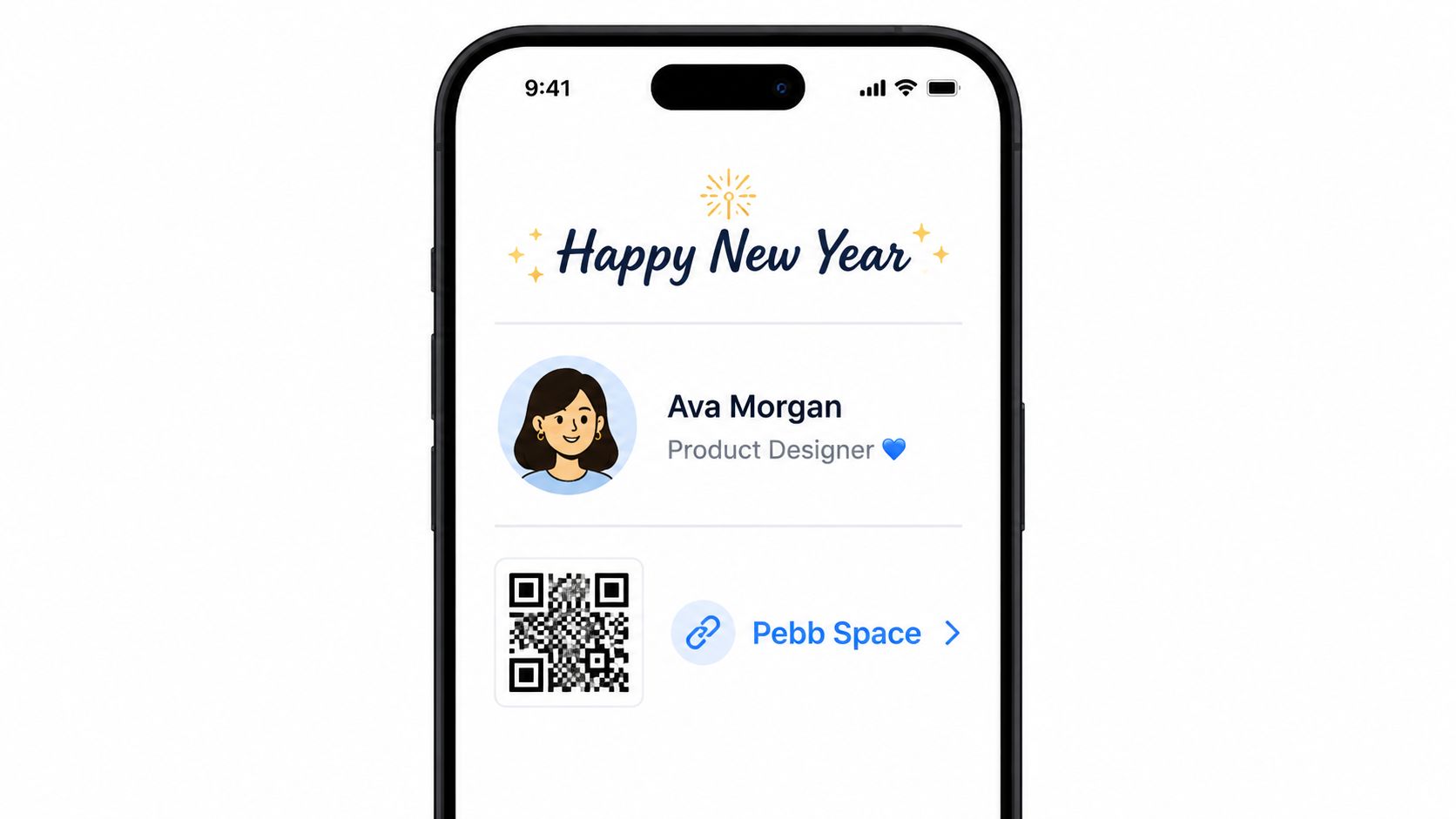 A smartphone screen displaying a Happy New Year email signature for Ava Morgan, a Product Designer.