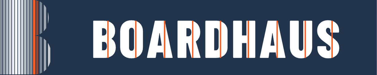 Boardhaus logo, includes B symbols plus wordmark, the word "Boardhaus" and a tagline "SURF SKATE SNOW ONE HOUSE FINALLY"