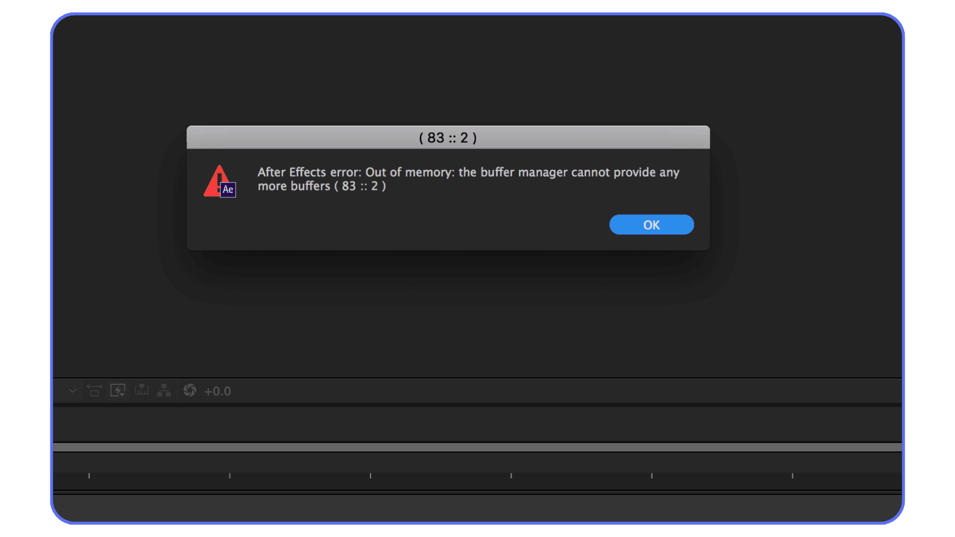After Effects out of memory error message indicating buffer manager failure