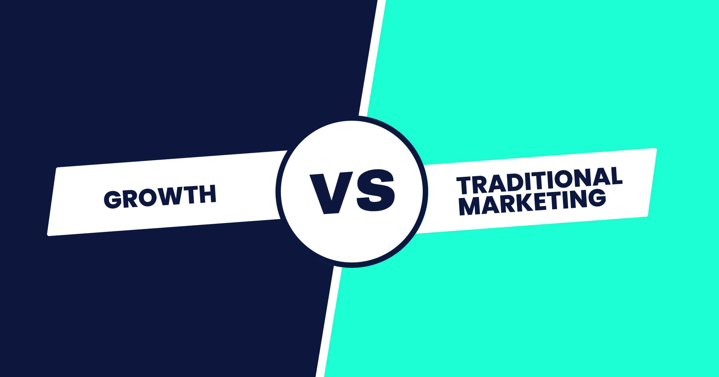 A graphic comparing growth marketing and traditional marketing, with bold text "Growth vs. Traditional Marketing" split into two contrasting color backgrounds.