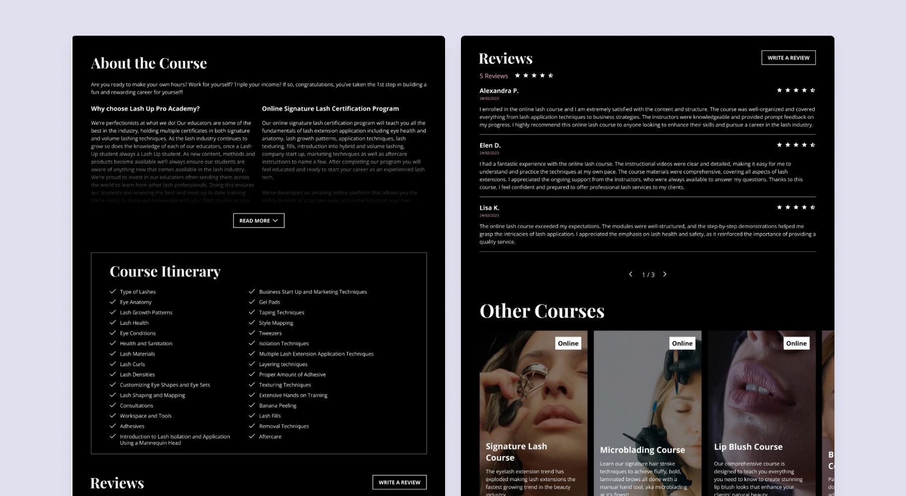 Course information page from the Lashup website, featuring an 'About the Course' section, a detailed course itinerary listing topics like lash anatomy, application techniques, and business marketing, alongside user reviews for the course. The page also displays a carousel of other available courses, such as Signature Lash Course, Microblading, and Lip Blush Course.