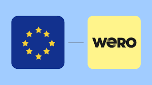 EU-Flagge neben dem Wero-Logo, dem europäischen Zahlungsnetz, hinter dem große Banken stehen.