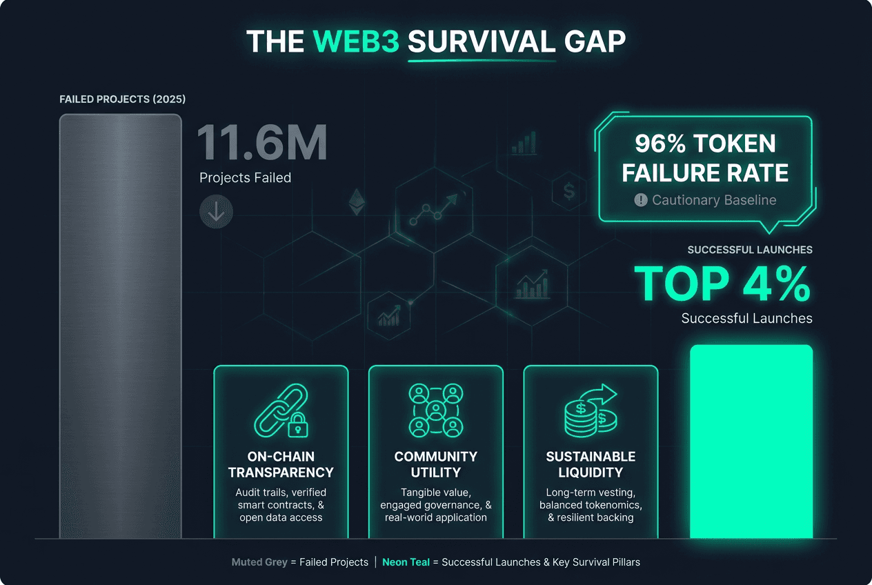 A bar chart comparing 11.6 million failed crypto projects in 2025 against the 4 percent success rate, highlighting the Web3 survival gap.