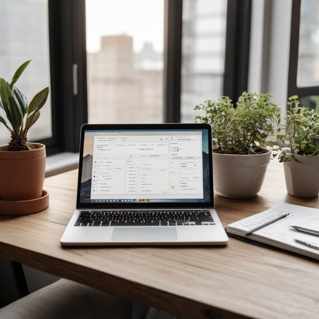 Espacio de trabajo con portátil en escritorio elegante, representando un flujo de trabajo automatizado para marketing digital.