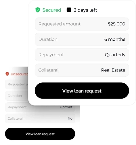 Secured personal loan request showing amount, duration, repayment, and collateral