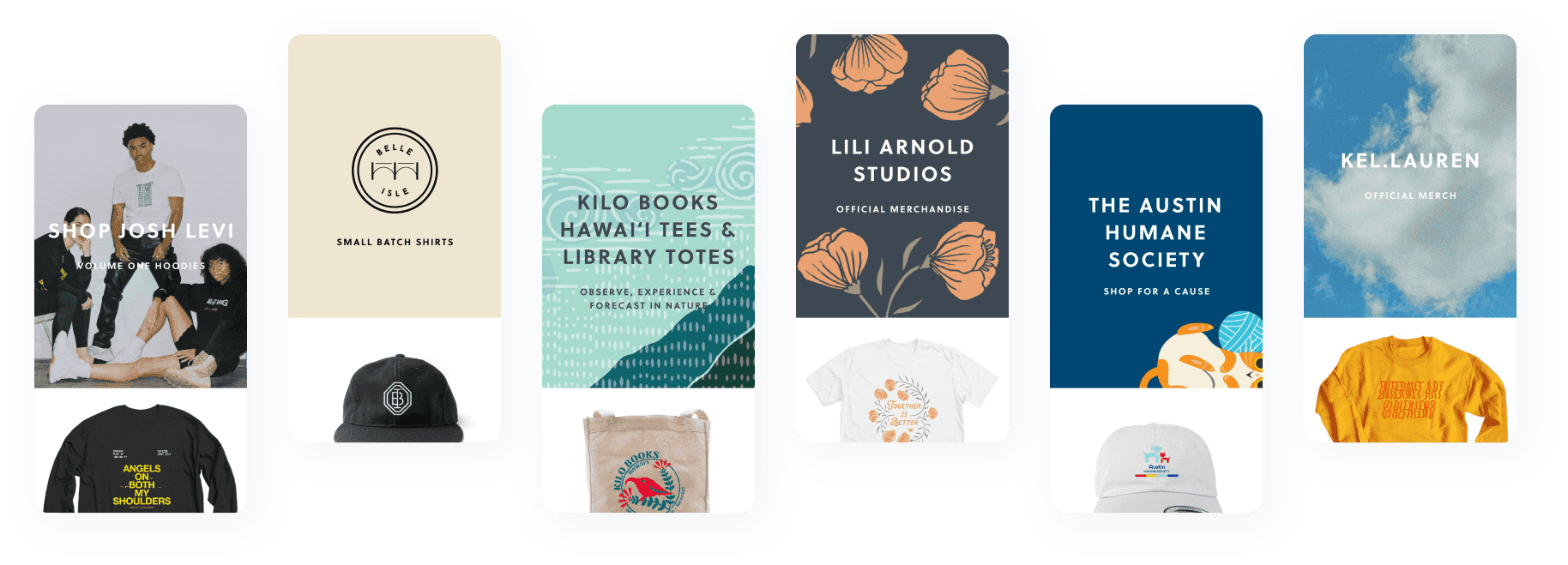 Selection of merchandise from various organizations, including apparel and books. Each item is displayed on a separate card.