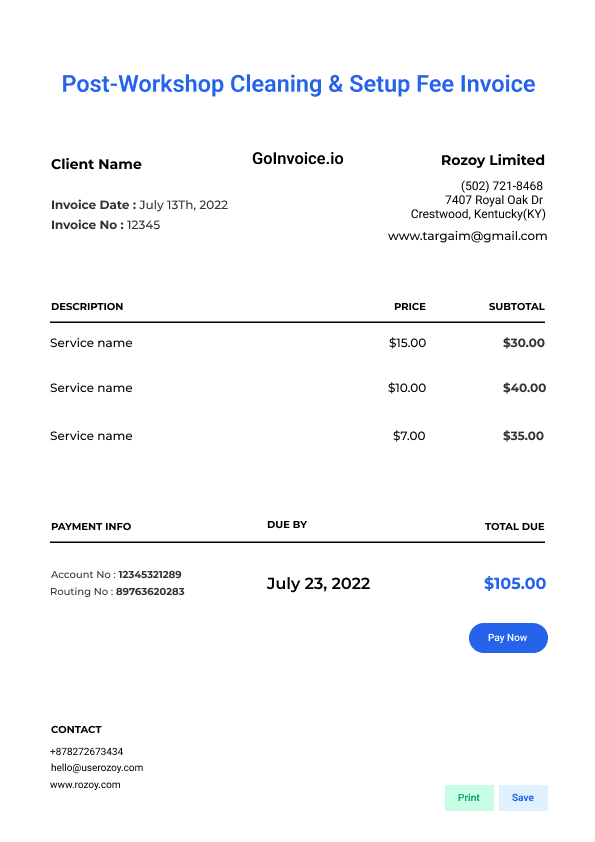 Post-Workshop Cleaning & Setup Fee Invoice