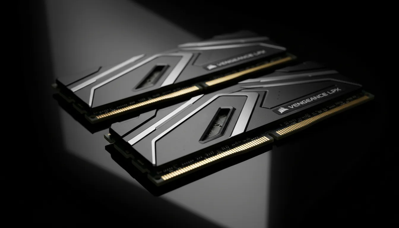 Macro DSLR product photograph of several high-performance DDR4 computer RAM sticks arranged on a dark, reflective surface. The RAM modules have modern, angular matte black metal heat spreaders and prominent gold contact pins. Dramatic, cinematic contrast lighting from the side highlights the textures and edges against a black background. Shallow depth of field, with the main RAM stick in the foreground in tack-sharp focus and the background softly blurred.