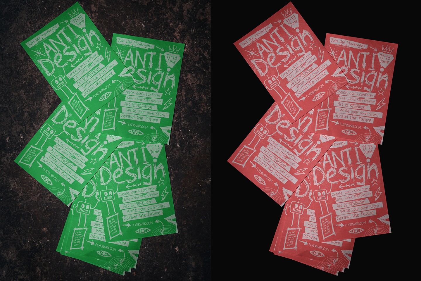 Three loose A5 flyers with bright green, red, and blue experimental designs on a dark floor