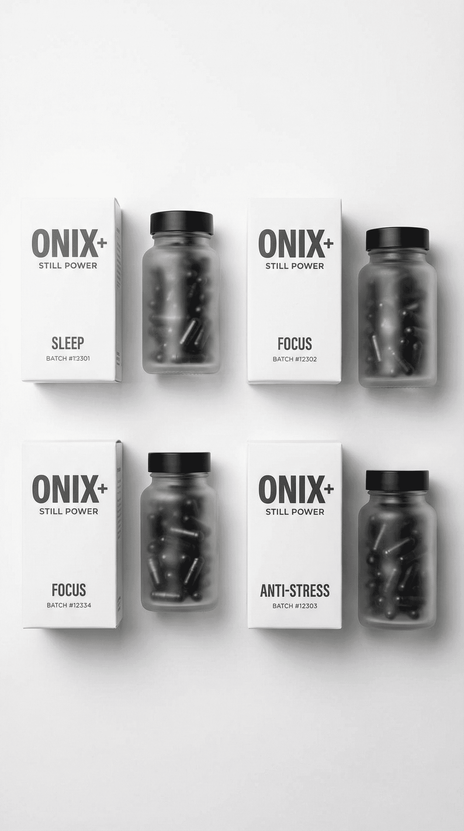 Minimal Onix+ Still Power lineup showing sleep, focus, and anti-stress packaging on white