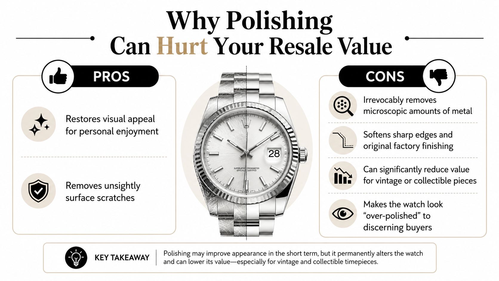 An infographic showing the pros and cons of watch polishing and its impact on resale value.