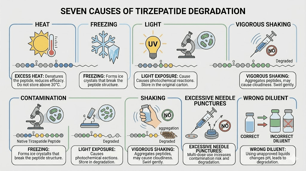 Seven common causes of tirzepatide degradation infographic