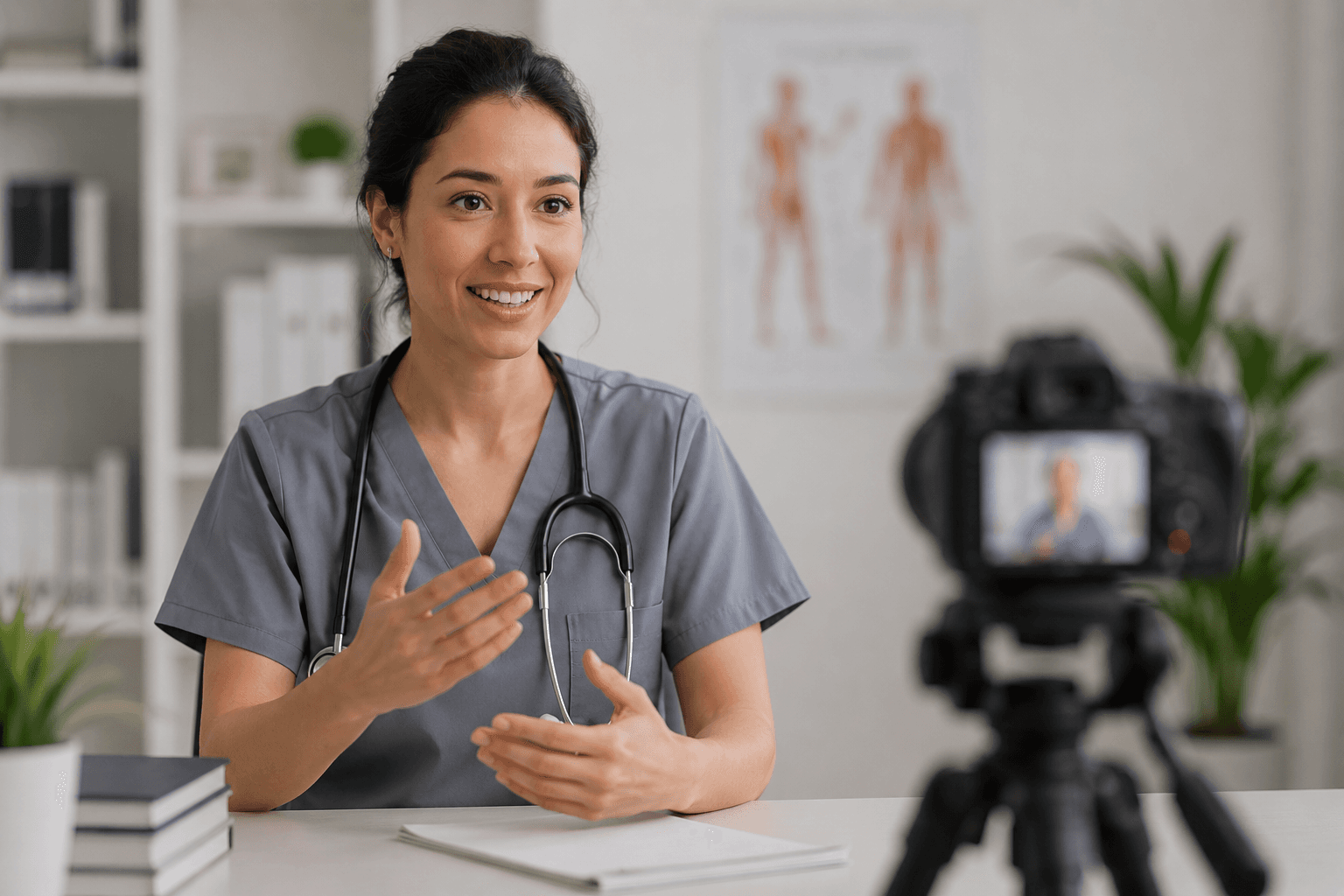 Female healthcare professional recording an educational medical video in a clean modern clinic environment.