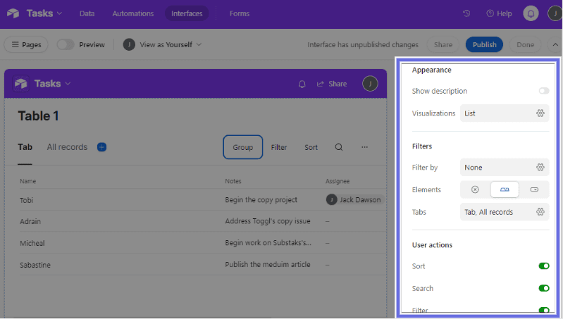 Airtable design elements to help users sort, search, filter and navigate your app.