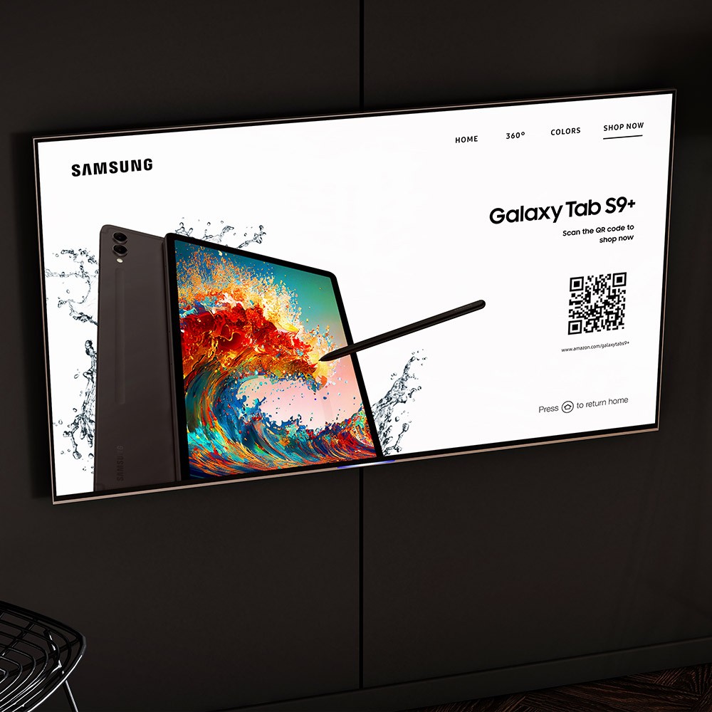 A living room setting with a TV displaying Samsung devices.