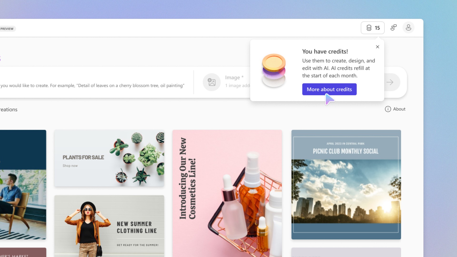 Screenshot of the Microsoft Designer app screen with a popover message