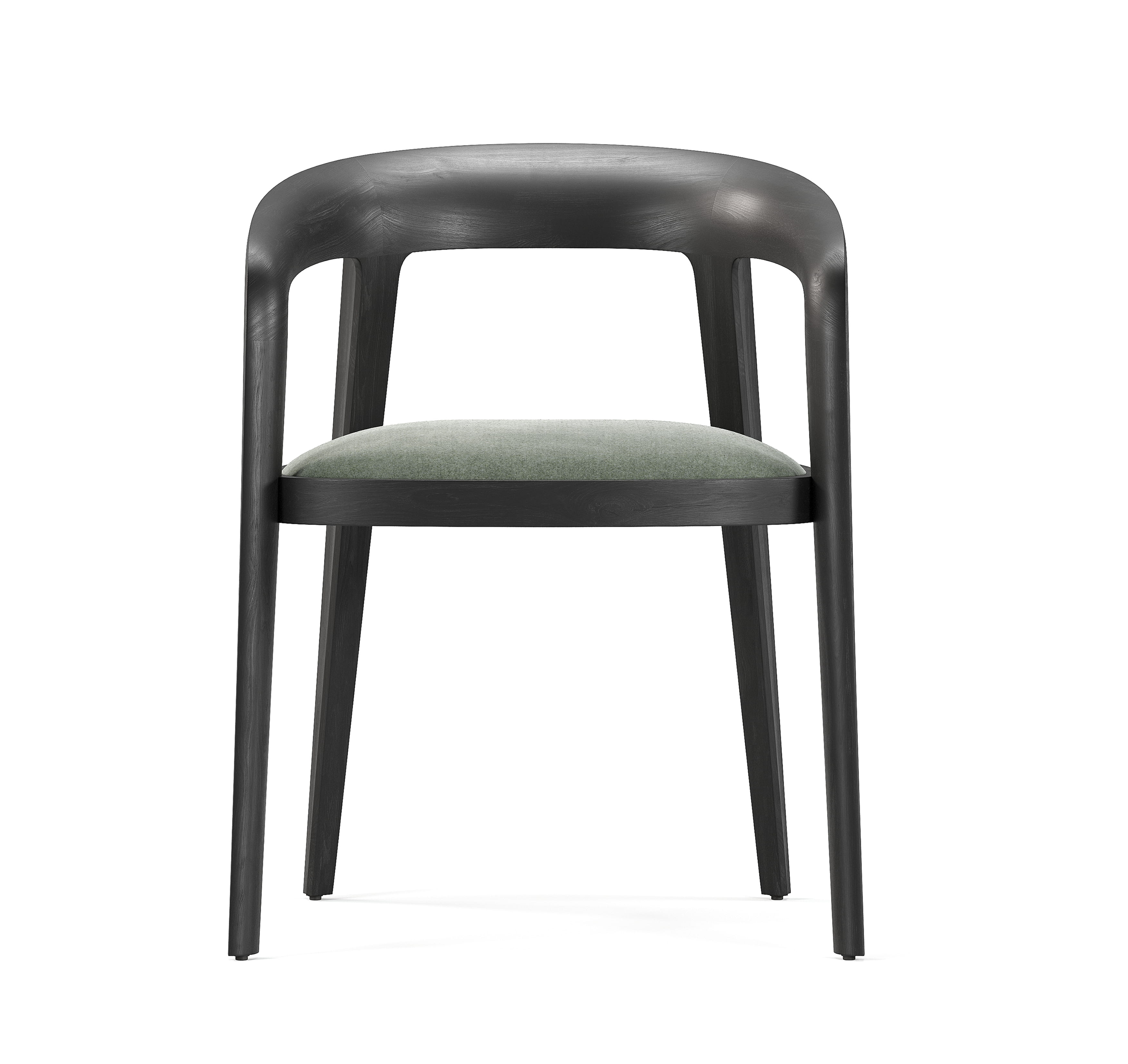 Front view of wooden dining chair with upholstered seat cushion