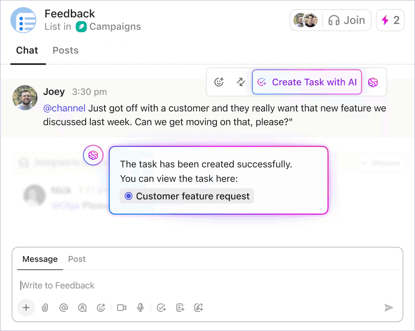 ClickUp Chatを使えば、チャットウィンドウ内でチームとコミュニケーションを取り、タスクを作成できます。