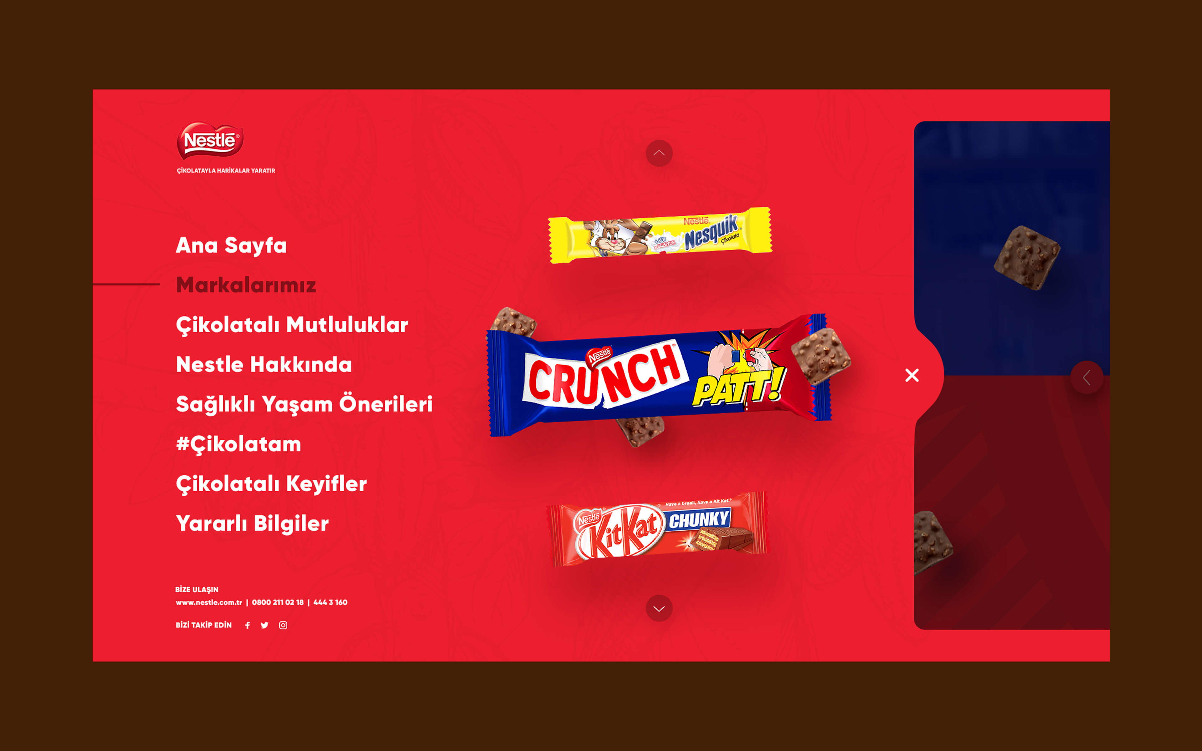 Cikolatam.com full-screen menu with Nestlé Crunch, Nesquik, KitKat products and navigation to chocolate sections, brand info, and health tips.