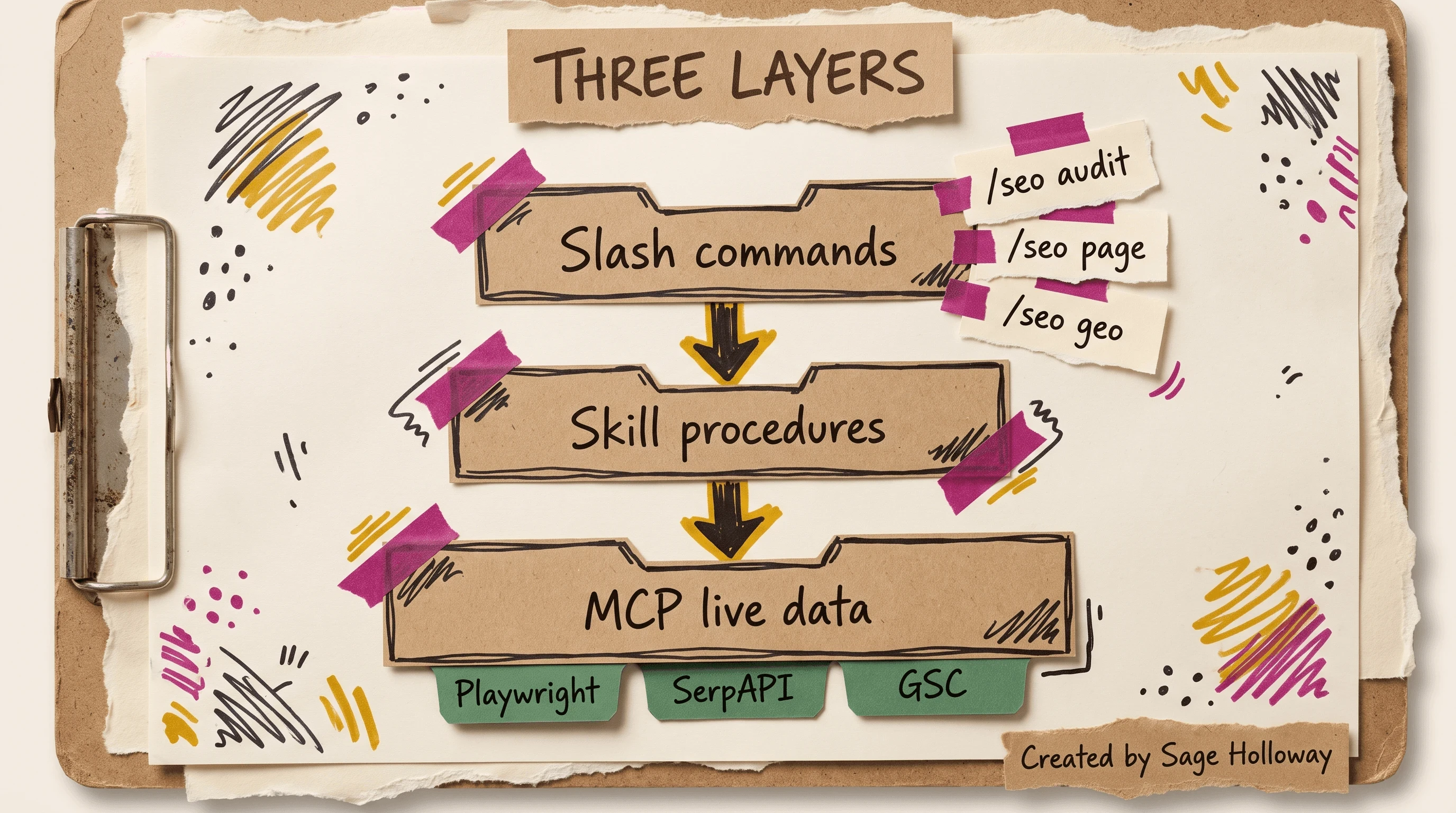 Diagram of Claude Code SEO as slash commands over skill procedures over MCP live data