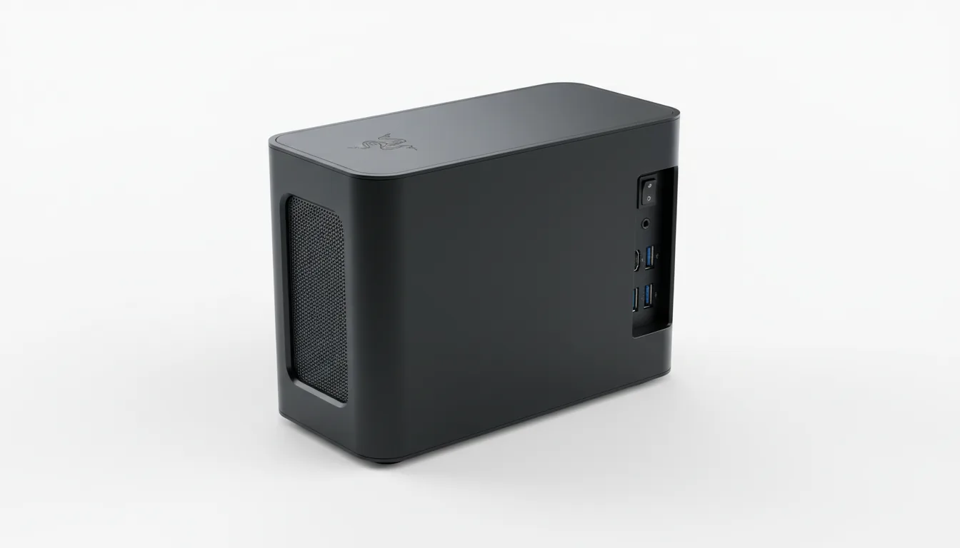 DSLR product photography of a matte black Razer Core X eGPU enclosure, isolated on a seamless pure white studio background. The shot is taken from a high three-quarters angle under soft studio lighting, creating a clean high-key look with subtle shadows. The eGPU's minimalist aluminum body with rounded corners is in sharp focus, revealing the side mesh ventilation panel and the rear panel with a power socket, switch, and USB ports. Hyper-realistic, clean aesthetic.