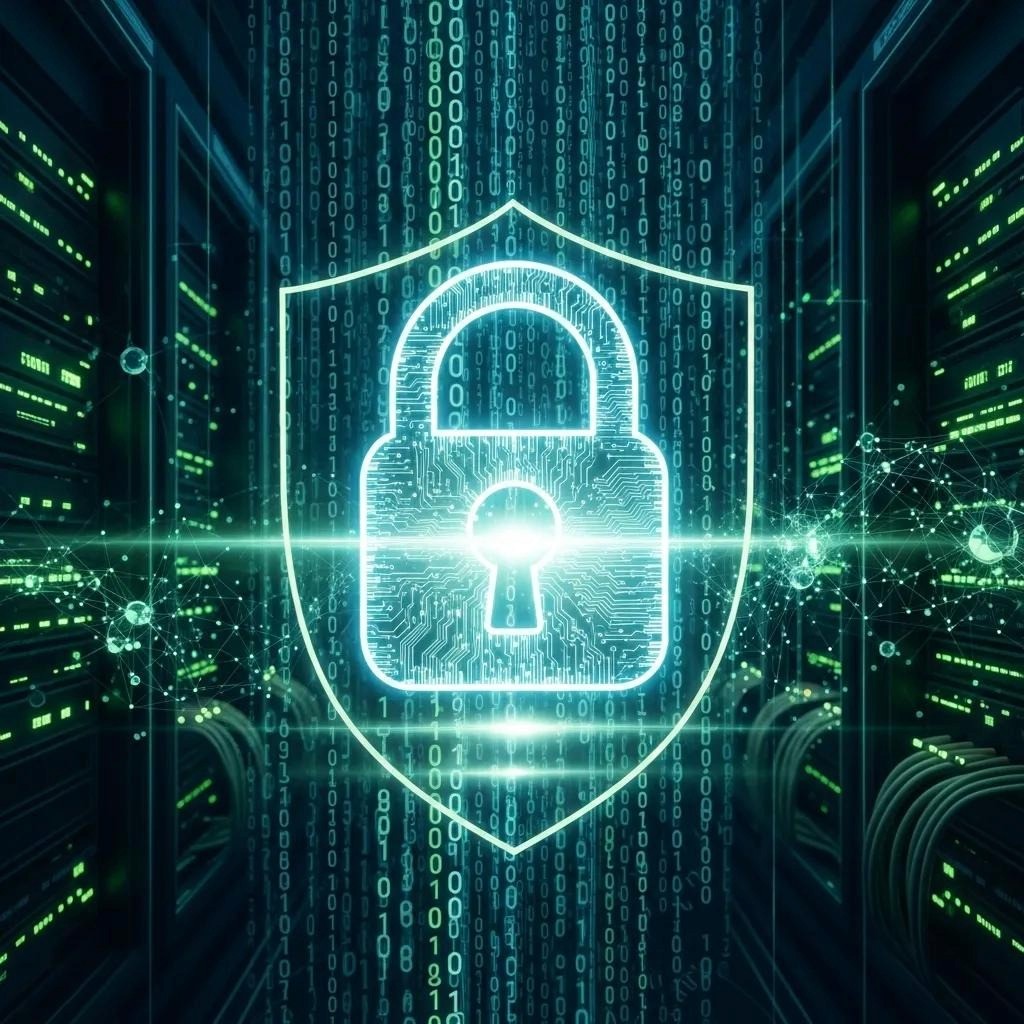 Digital security measures for AI knowledge retention with a lock symbol and binary code