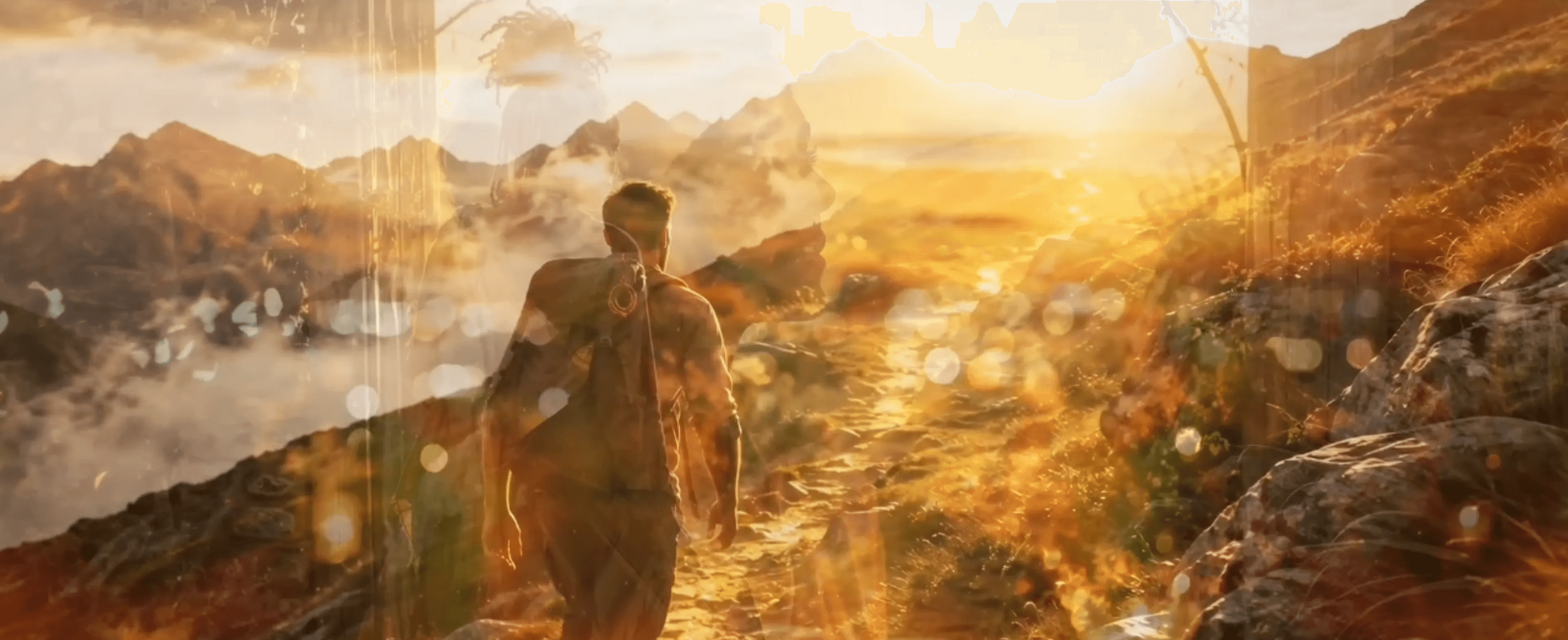 Man walking along a golden mountain path at sunrise, symbolizing resilience, recovery, and a way forward.