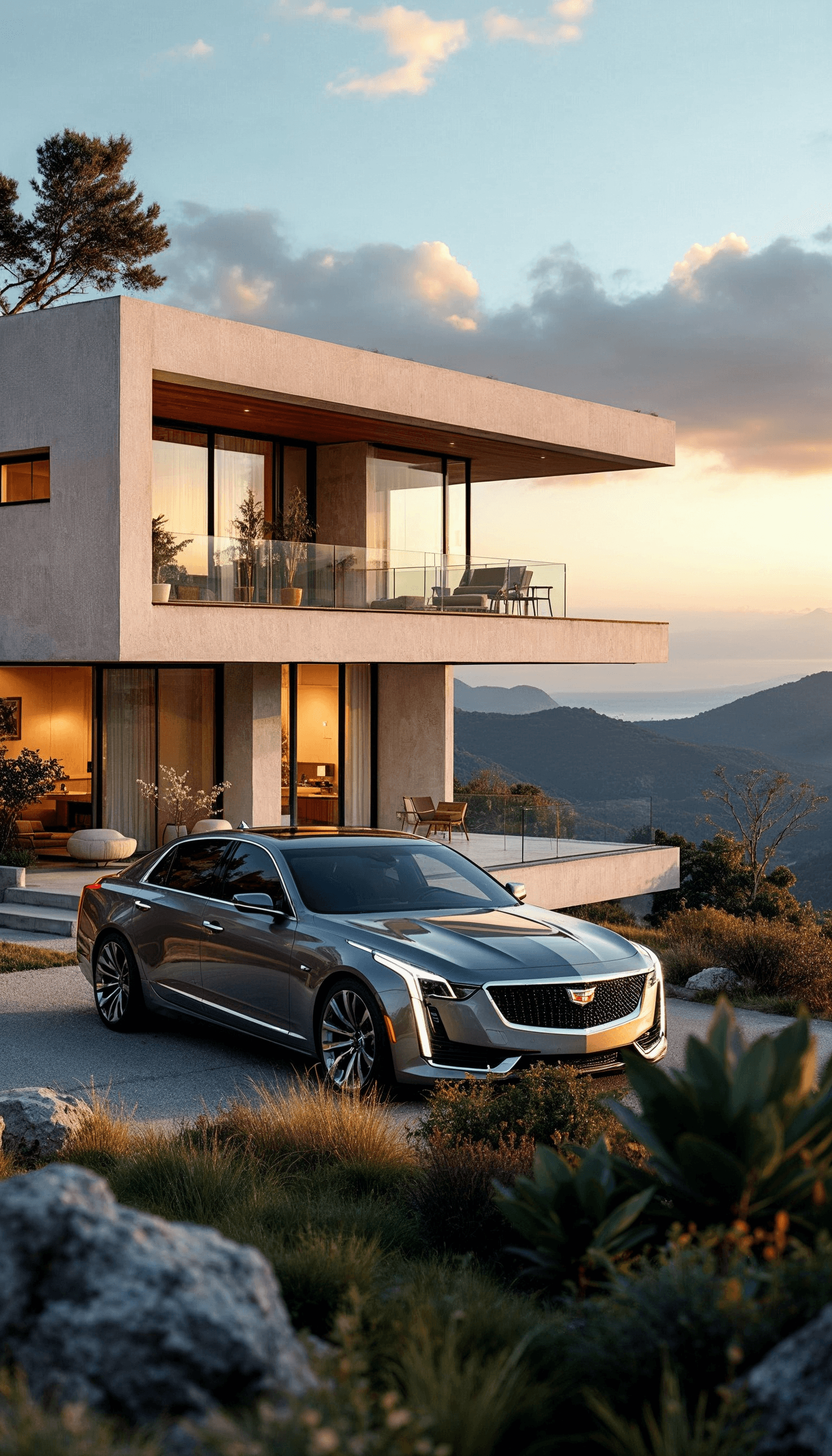 Modern house with an elegant design, parked car, and scenic background of mountains at sunset.