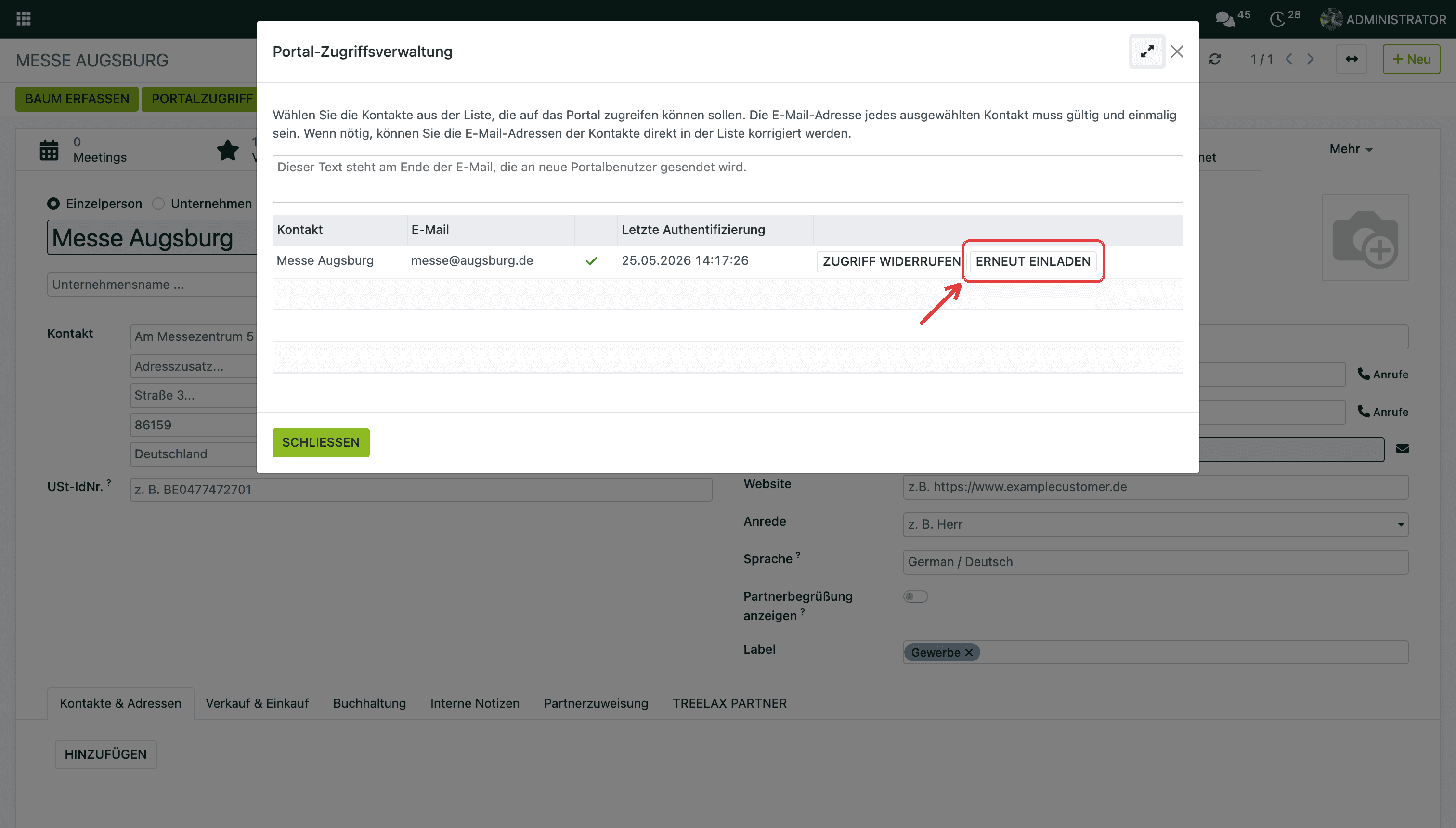 Portal-Zugriffsverwaltung am Kontakt: „Erneut einladen“ schickt die Einladungs-Mail noch einmal an die hinterlegte Adresse.