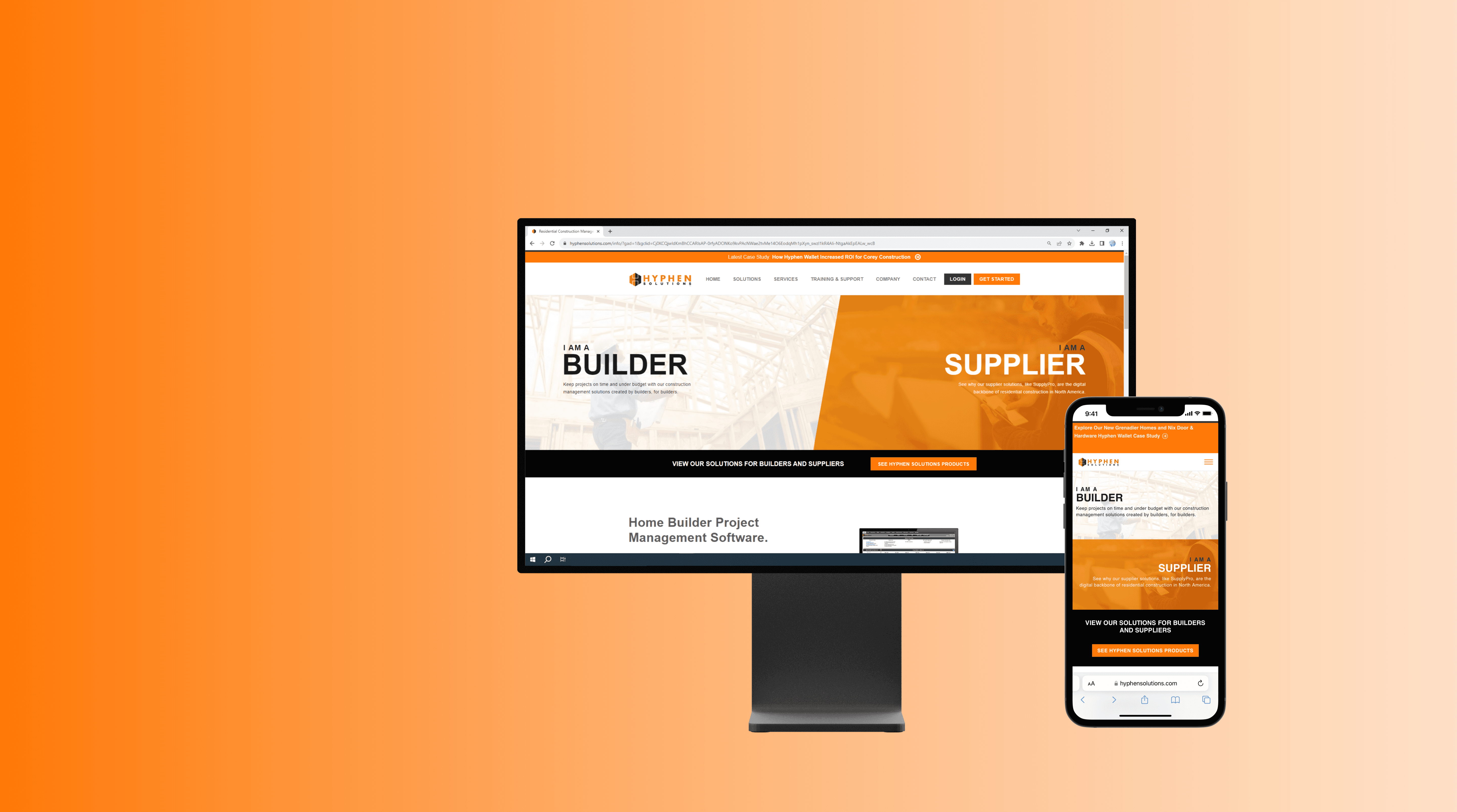 Orange gradient backgound with text that reads UX/UI Internship Hyphen Solutions, bridging the gap between builders and suppliers. There are two mockups of the hyphen solutions website homescreen, one being a desktop screen and the other being a iphone screen