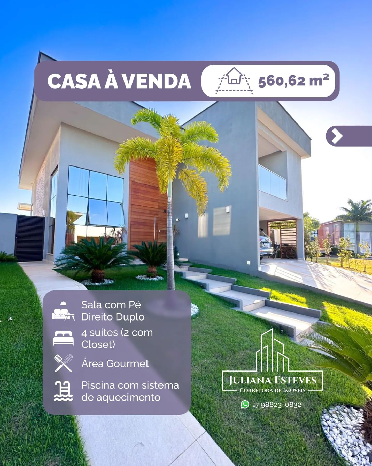 Casa à venda com 560,62 m² em Vitória ES, apresentada por Juliana Esteves, corretora de imóveis. Imóvel com sala de pé direito duplo, 4 suítes (2 com closet), área gourmet moderna e piscina com sistema de aquecimento. Residência de luxo perfeita para quem busca conforto e sofisticação.