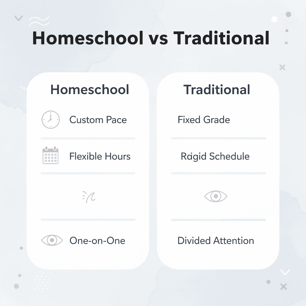 Comparison chart showing homeschool advantages versus traditional classroom challenges