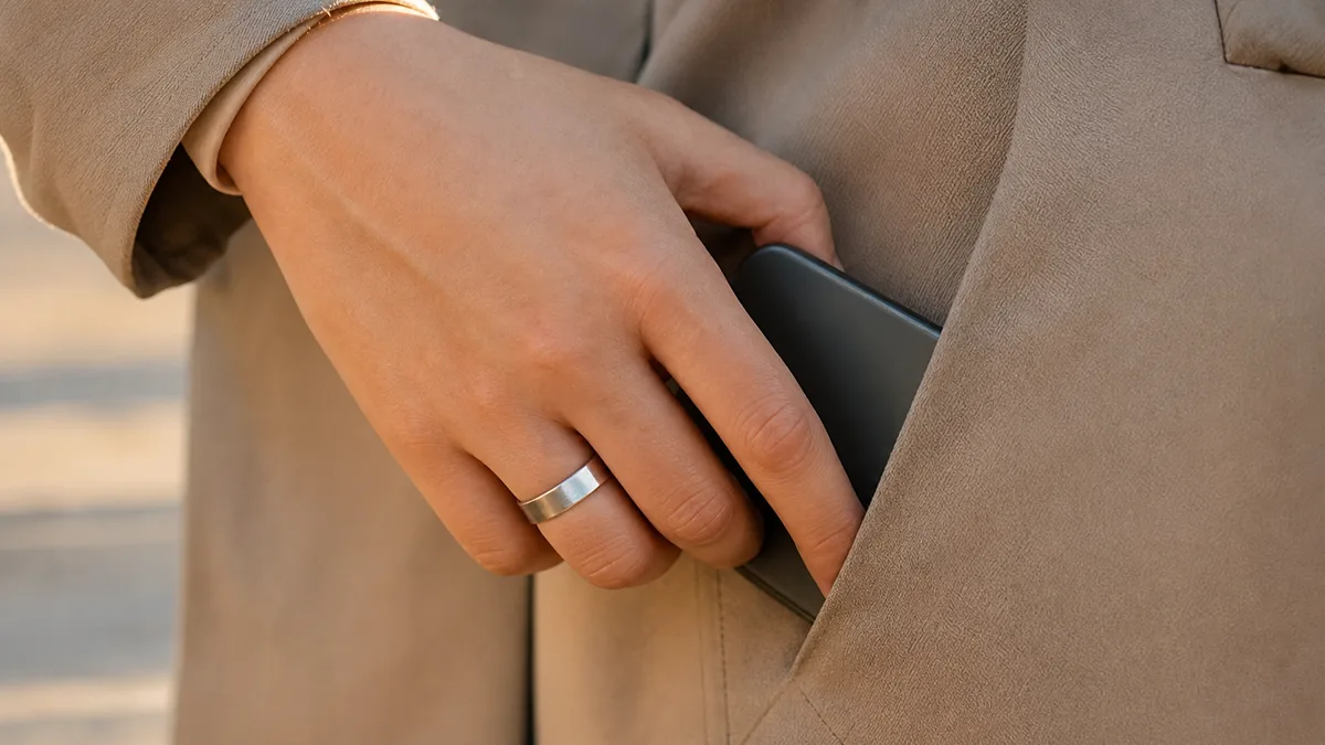 Woman tucking a phone into the same-side pocket as her silver smart tasbih ring