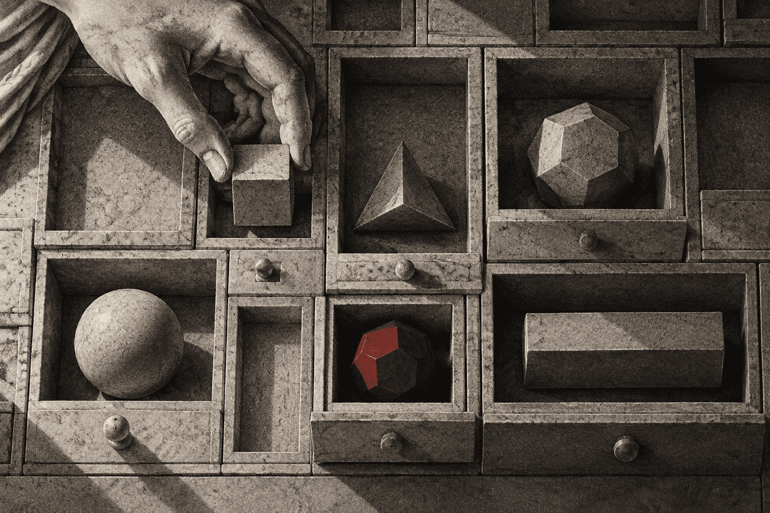 A marble hand placing different geometric solids into a grid of carved stone drawers, each drawer a different size