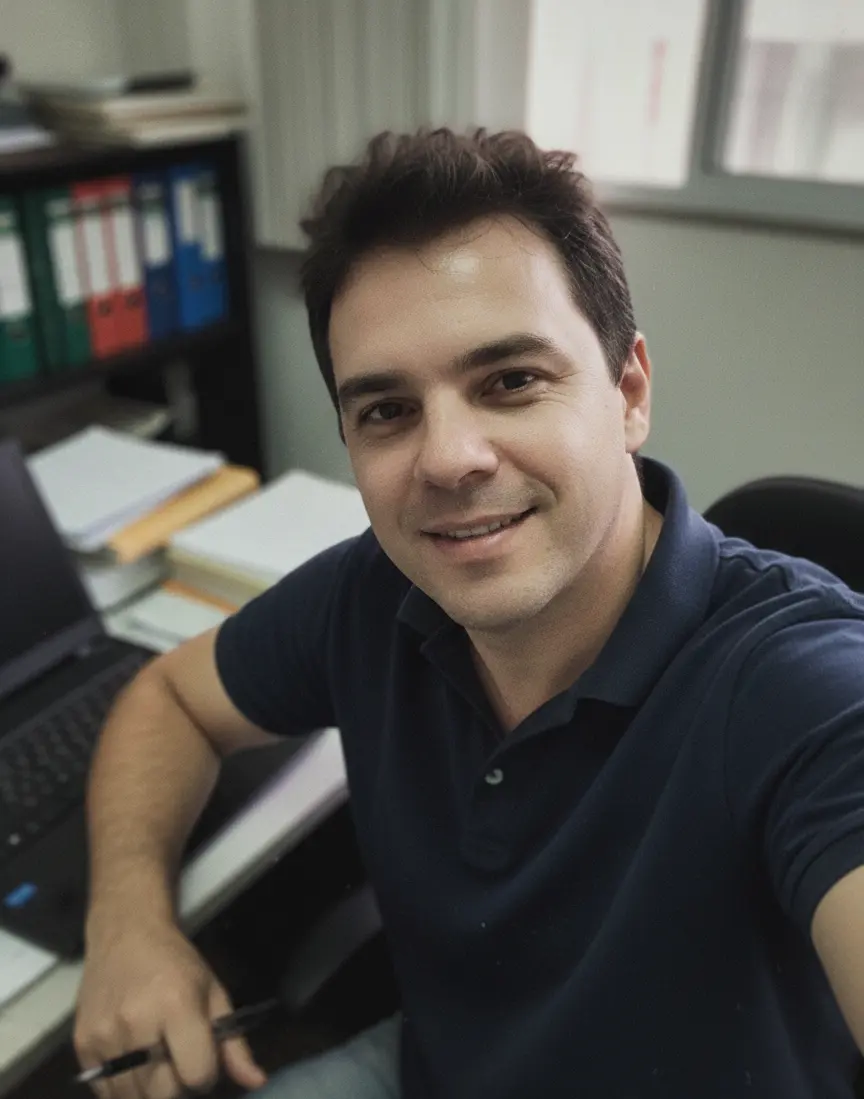 Homem sorridente olhando para a câmera em um escritório, sentado à mesa com laptop, documentos e pastas, vestindo camisa polo azul e segurando uma caneta.
