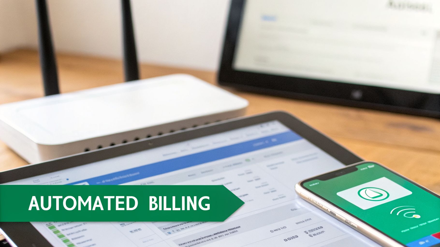 A router, tablet, and smartphone on a desk, illustrating automated billing services.