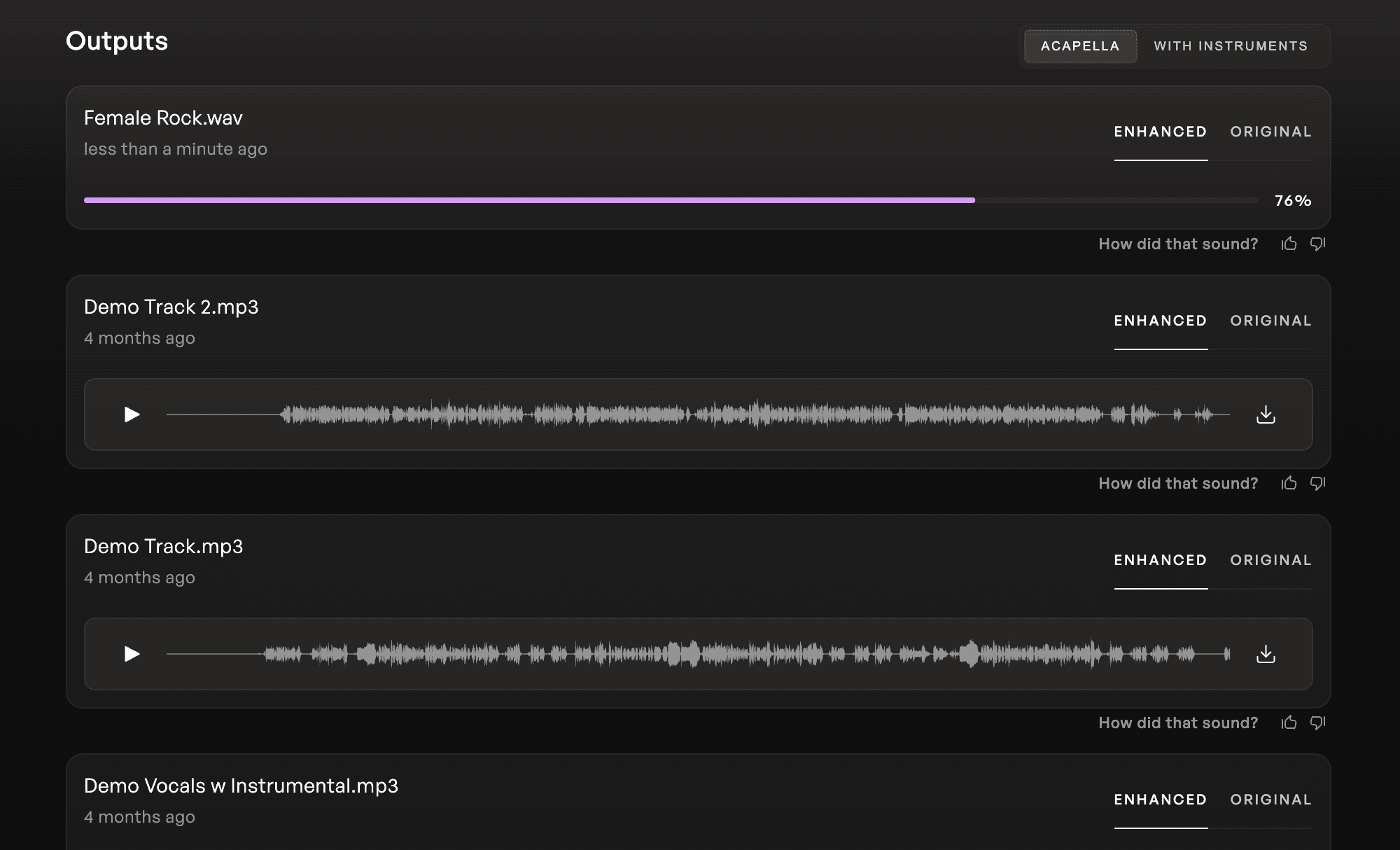 Previewing AI-enhanced vocal and downloading the repaired audio in Kits Studio