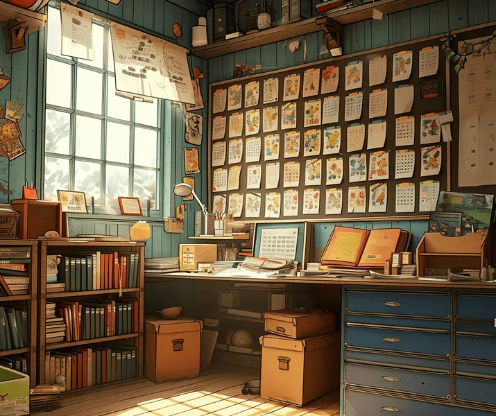 A detailed and organized creative workspace, replete with a wall covered in colorful storyboards and notes, stands as a testament to the meticulous planning behind successful content creation. The sunlit room features a wooden desk cluttered with monitors, books, and various trinkets, reflecting the busy life of a content creator. This image complements the adjacent message 'Content at Scale, from Start to Finish,' promoting Story Inventory's ability to streamline the content creation process from ideation to scheduling