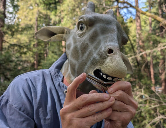 The Diddler, or simply Donny wearing a giraffe mask while playing the jaw harp.